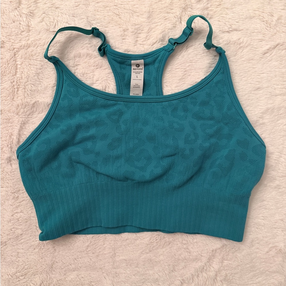 90 Degree by Reflex Seamless Safari Leopard Sports Bra Teal L